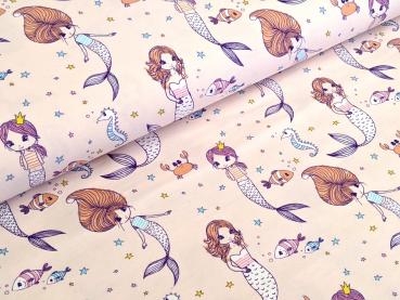 Resttück Baumwolljersey Meerestiere mit Meerjungfrau Hellrosa 50 x 150 cm